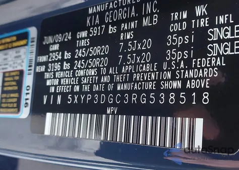 2024 Kia Telluride Ex X-Line из США, поврежденный, VIN 5XYP3DGC3RG538518